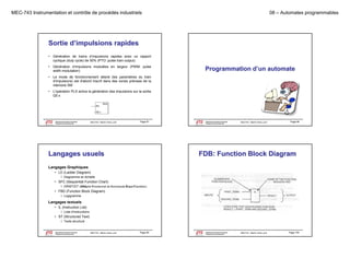 MEC-743 Instrumentation et contrôle de procédés industriels

08 – Automates programmables

Sortie d’impulsions rapides
• Génération de trains d’impulsions rapides avec un rapport
cyclique (duty cycle) de 50% (PTO: pulse train output)
• Génération d’impulsions modulées en largeur (PWM: pulse
width modulation)

Programmation d’un automate

• Le mode de fonctionnement désiré (les paramètres du train
d'impulsions) est d'abord inscrit dans des zones précises de la
mémoire SM
• L'opération PLS active la génération des impulsions sur la sortie
Q0 x
Q0.x

Département de génie mécanique
Programme de baccalauréat

MEC743 - Martin Viens, prof.

Page 97

Le génie pour l'industrie

Département de génie mécanique
Programme de baccalauréat

MEC743 - Martin Viens, prof.

Page 98

Le génie pour l'industrie

Langages usuels

FDB: Function Block Diagram

Langages Graphiques
• LD (Ladder Diagram)
 Diagramme en échelle

• SFC (Sequential Function Chart)
 GRAFCET (GRAphe Fonctionnel de Commande Étape/Transition)

• FBD (Function Block Diagram)
 Logigramme

Langages textuels
• IL (Instruction List)
 Liste d'instructions

• ST (Structured Text)
 Texte structuré

Département de génie mécanique
Programme de baccalauréat
Le génie pour l'industrie

MEC743 - Martin Viens, prof.

Page 99

Département de génie mécanique
Programme de baccalauréat
Le génie pour l'industrie

MEC743 - Martin Viens, prof.

Page 100

 