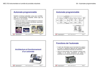 MEC-743 Instrumentation et contrôle de procédés industriels

Automate programmable

08 – Automates programmables

Automate programmable

Système numérique spécialisé, conçu pour contrôler,
dans un environnement industriel, divers type de
yp
machines ou de procédés
• Possède des entrées et des sorties analogiques et numériques
• Effectue des opérations logiques, arithmétiques, séquentielles,
de comptage et de temporisation
• Effectue ces opérations suivant des instructions sauvegardées
dans une mémoire programmable

Département de génie mécanique
Programme de baccalauréat

MEC743 - Martin Viens, prof.

Page 13

Le génie pour l'industrie

Département de génie mécanique
Programme de baccalauréat

MEC743 - Martin Viens, prof.

Page 14

Le génie pour l'industrie

Fonctions de l’automate
Architecture et fonctionnement
d’un automate

Département de génie mécanique
Programme de baccalauréat
Le génie pour l'industrie

MEC743 - Martin Viens, prof.

• À partir des informations que lui fournissent les capteurs
et, suivant un algorithme déterminé par programmation,
élabore les commandes transmises aux actionneurs.
• Assure la communication avec l’opérateur (interface avec
l’usager) et les autres processeurs qui gèrent la
production ou qui interviennent dans le même procédé.

Page 15

Département de génie mécanique
Programme de baccalauréat
Le génie pour l'industrie

MEC743 - Martin Viens, prof.

Page 16

 