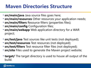 Maven Directories Structure
▪ src/main/java Java source files goes here;
▪ src/main/resources Other resources your application needs;
▪ src/main/filters Resource filters (properties files);
▪ src/main/config Configuration files;
▪ src/main/webapp Web application directory for a WAR
project;
▪ src/test/java Test sources like unit tests (not deployed);
▪ src/test/resources Test resources (not deployed);
▪ src/test/filters Test resource filter files (not deployed);
▪ src/site Files used to generate the Maven project website;
▪ target/ The target directory is used to house all output of the
build.
 
