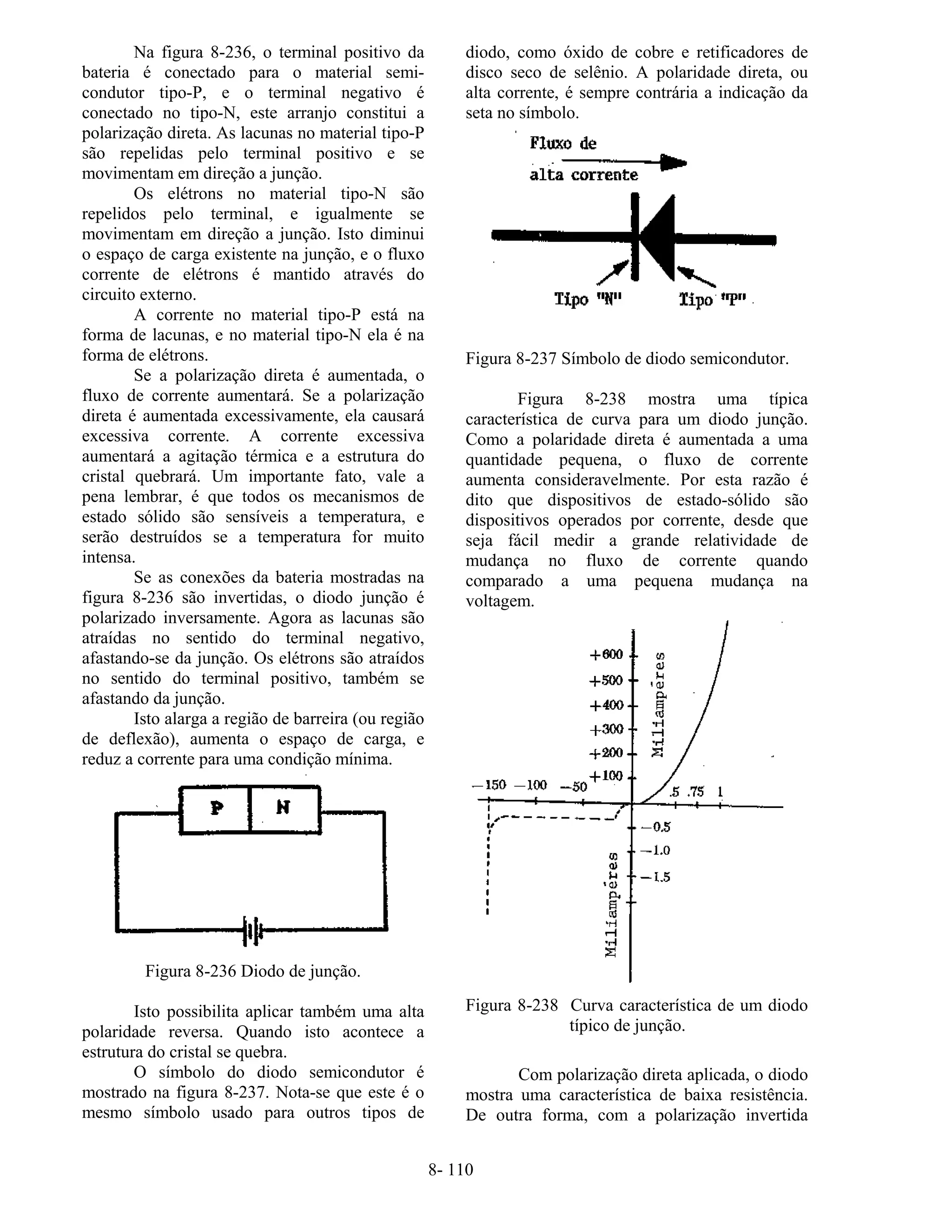 8- 110
Na figura 8-236, o terminal positivo da
bateria é conectado para o material semi-
condutor tipo-P, e o terminal negativo é
conectado no tipo-N, este arranjo constitui a
polarização direta. As lacunas no material tipo-P
são repelidas pelo terminal positivo e se
movimentam em direção a junção.
Os elétrons no material tipo-N são
repelidos pelo terminal, e igualmente se
movimentam em direção a junção. Isto diminui
o espaço de carga existente na junção, e o fluxo
corrente de elétrons é mantido através do
circuito externo.
A corrente no material tipo-P está na
forma de lacunas, e no material tipo-N ela é na
forma de elétrons.
Se a polarização direta é aumentada, o
fluxo de corrente aumentará. Se a polarização
direta é aumentada excessivamente, ela causará
excessiva corrente. A corrente excessiva
aumentará a agitação térmica e a estrutura do
cristal quebrará. Um importante fato, vale a
pena lembrar, é que todos os mecanismos de
estado sólido são sensíveis a temperatura, e
serão destruídos se a temperatura for muito
intensa.
Se as conexões da bateria mostradas na
figura 8-236 são invertidas, o diodo junção é
polarizado inversamente. Agora as lacunas são
atraídas no sentido do terminal negativo,
afastando-se da junção. Os elétrons são atraídos
no sentido do terminal positivo, também se
afastando da junção.
Isto alarga a região de barreira (ou região
de deflexão), aumenta o espaço de carga, e
reduz a corrente para uma condição mínima.
Figura 8-236 Diodo de junção.
Isto possibilita aplicar também uma alta
polaridade reversa. Quando isto acontece a
estrutura do cristal se quebra.
O símbolo do diodo semicondutor é
mostrado na figura 8-237. Nota-se que este é o
mesmo símbolo usado para outros tipos de
diodo, como óxido de cobre e retificadores de
disco seco de selênio. A polaridade direta, ou
alta corrente, é sempre contrária a indicação da
seta no símbolo.
Figura 8-237 Símbolo de diodo semicondutor.
Figura 8-238 mostra uma típica
característica de curva para um diodo junção.
Como a polaridade direta é aumentada a uma
quantidade pequena, o fluxo de corrente
aumenta consideravelmente. Por esta razão é
dito que dispositivos de estado-sólido são
dispositivos operados por corrente, desde que
seja fácil medir a grande relatividade de
mudança no fluxo de corrente quando
comparado a uma pequena mudança na
voltagem.
Figura 8-238 Curva característica de um diodo
típico de junção.
Com polarização direta aplicada, o diodo
mostra uma característica de baixa resistência.
De outra forma, com a polarização invertida
 