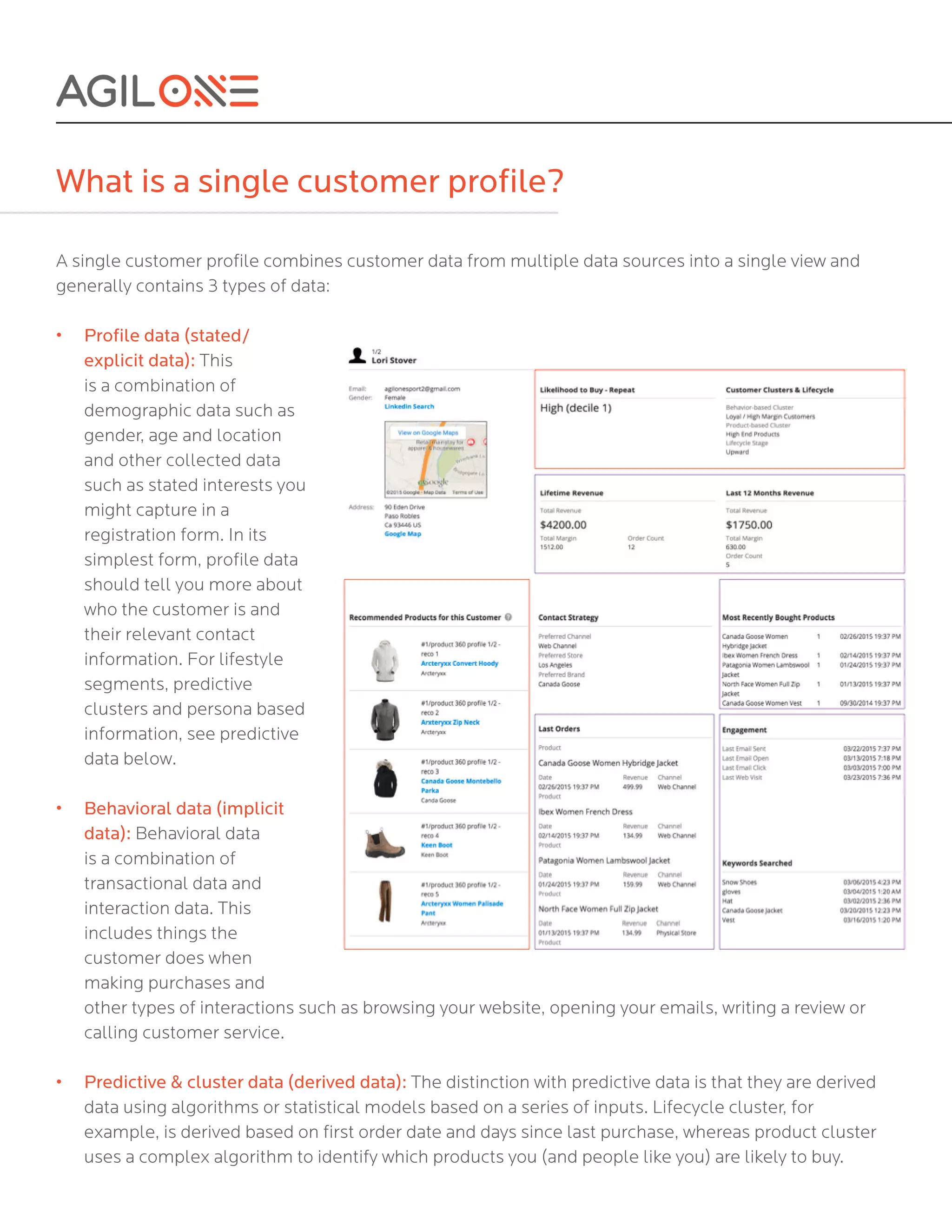 What is a single customer profile?
A single customer profile combines customer data from multiple data sources into a single view and
generally contains 3 types of data:	
• Profile data (stated/
explicit data): This
is a combination of
demographic data such as
gender, age and location
and other collected data
such as stated interests you
might capture in a
registration form. In its
simplest form, profile data
should tell you more about
who the customer is and
their relevant contact
information. For lifestyle
segments, predictive
clusters and persona based
information, see predictive
data below.
•	
•	
•	
•	
Behavioral data (implicit
data): Behavioral data
is a combination of
transactional data and
interaction data. This
includes things the
customer does when
making purchases and
other types of interactions such as browsing your website, opening your emails, writing a review or
calling customer service.
Predictive & cluster data (derived data): The distinction with predictive data is that they are derived
data using algorithms or statistical models based on a series of inputs. Lifecycle cluster, for
example, is derived based on first order date and days since last purchase, whereas product cluster
uses a complex algorithm to identify which products you (and people like you) are likely to buy.
 