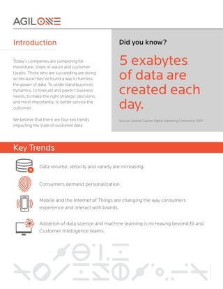Introduction
Today’s companies are competing for
mindshare, share of wallet and customer
loyalty. Those who are succeeding are doing
so because they’ve found a way to harness
the power of data. To understand business
dynamics, to forecast and predict business
needs, to make the right strategic decisions,
and most importantly, to better service the
customer.
We believe that there are four key trends
impacting the state of customer data:
Did you know?
5 exabytes
of data are
created each
day.
Source: Gartner. Gartner Digital Marketing Conference 2015.
Key Trends
Data volume, velocity and variety are increasing.
Consumers demand personalization.
Mobile and the Internet of Things are changing the way consumers
experience and interact with brands.
Adoption of data science and machine learning is increasing beyond BI and
Customer Intelligence teams.
 