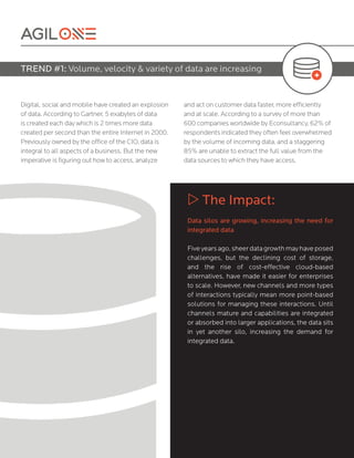 Digital, social and mobile have created an explosion
of data. According to Gartner, 5 exabytes of data
is created each day which is 2 times more data
created per second than the entire Internet in 2000.
Previously owned by the office of the CIO, data is
integral to all aspects of a business. But the new
imperative is figuring out how to access, analyze
and act on customer data faster, more efficiently
and at scale. According to a survey of more than
600 companies worldwide by Econsultancy, 62% of
respondents indicated they often feel overwhelmed
by the volume of incoming data, and a staggering
85% are unable to extract the full value from the
data sources to which they have access.
w The Impact:
Data silos are growing, increasing the need for
integrated data
Fiveyearsago,sheerdatagrowthmayhaveposed
challenges, but the declining cost of storage,
and the rise of cost-effective cloud-based
alternatives, have made it easier for enterprises
to scale. However, new channels and more types
of interactions typically mean more point-based
solutions for managing these interactions. Until
channels mature and capabilities are integrated
or absorbed into larger applications, the data sits
in yet another silo, increasing the demand for
integrated data.
TREND #1: Volume, velocity & variety of data are increasing
 