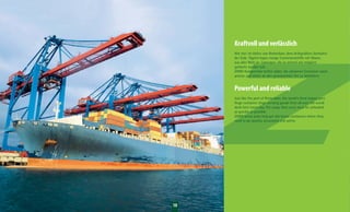 10
Kraftvoll und verlässlich
Wie hier im Hafen von Rotterdam, dem drittgrößten Seehafen
der Erde. Täglich legen riesige Containerschiffe mit Waren
aus aller Welt an. Ladungen, die so schnell wie möglich
gelöscht werden soll.
ZIMM Hubgetriebe helfen dabei, die schweren Container rasch,
präzise und sicher an den gewünschten Ort zu befördern.
Powerful and reliable
Just like the port of Rotterdam, the world’s third largest port.
Huge container ships carrying goods from all over the world
dock here every day. The cargo they carry must be unloaded
as quickly as possible.
ZIMM screw jacks help get the heavy containers where they
need to go quickly, accurately and safely.
 