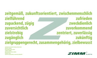 contemporary, forward-looking, interpersonal
effective, satisfied
hard-working, quick, useful
confident, helpful
goal-oriented, centred, reliable
available, future
tailored to target groups, connected, purposeful
zielführend
zupackend, zügig
zuversichtlich
zielstrebig
zugänglich
zufrieden
zweckdienlich
zuvorkommend
zentriert, zuverlässig
zukünftig
zielgruppengerecht,zusammengehörig, zielbewusst
zeitgemäß, zukunftsorientiert, zwischenmenschlich
 