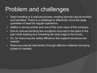 Problem and challenges
 Seed handling is a manual process, needing several casual workers
and hamalies. There is a challenge to effectively move the large
quantities of seed for regular operations.
 Safety is utmost priority and one of the core value of the company.
 Due to manual handling few accidents occurred in the plant in the
past while loading and unloading the seed bags to the trucks.
 So, for improving the safety efficiency few support structures are
needed
 Reducing manual intervention through effective material conveying
system is needed.
 