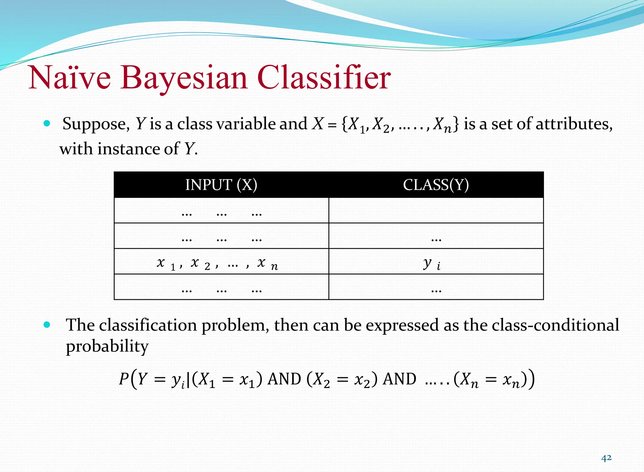 Naïve Bayesian Classifier
42
 Suppose, Y is a class variable and X = 𝑋1, 𝑋2, … . . , 𝑋𝑛 is a set of attributes,
with instance of Y.
 The classification problem, then can be expressed as the class-conditional
probability
𝑃 𝑌 = 𝑦𝑖| 𝑋1 = 𝑥1 AND 𝑋2 = 𝑥2 AND … . . 𝑋𝑛 = 𝑥𝑛
INPUT (X) CLASS(Y)
… … …
… … … …
𝑥 1 , 𝑥 2 , … , 𝑥 𝑛 𝑦 𝑖
… … … …
 