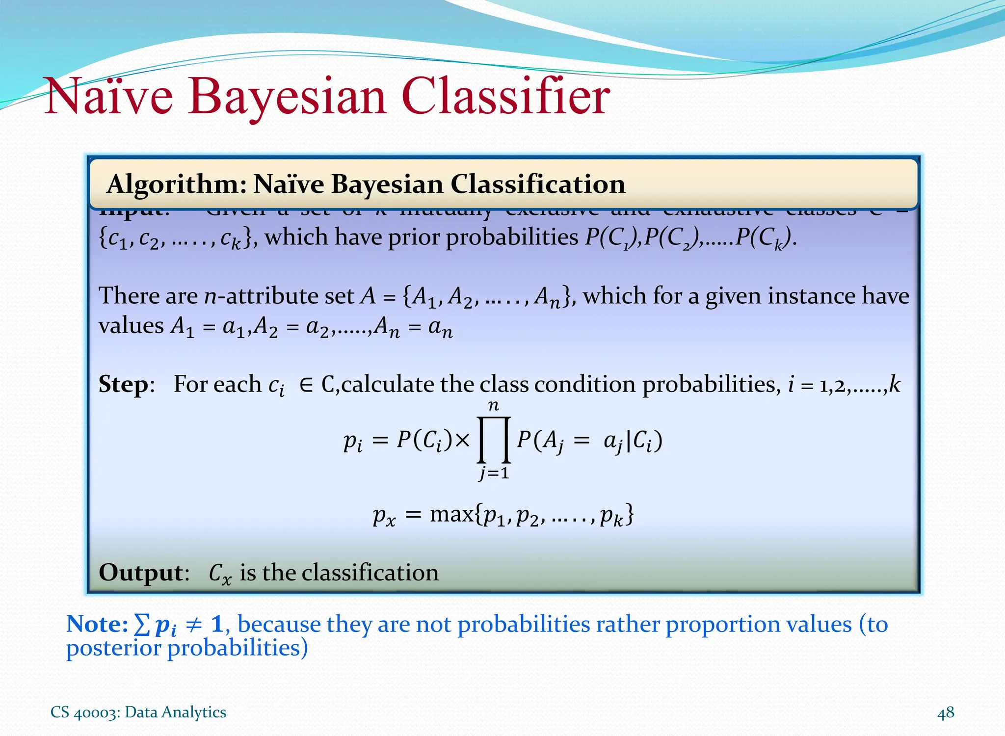 Naïve Bayesian Classifier
CS 40003: Data Analytics 48
Note: 𝒑𝒊 ≠ 𝟏, because they are not probabilities rather proportion values (to
posterior probabilities)
Input: Given a set of k mutually exclusive and exhaustive classes C =
𝑐1, 𝑐2, … . . , 𝑐𝑘 , which have prior probabilities P(C1),P(C2),…..P(Ck).
There are n-attribute set A = 𝐴1, 𝐴2, … . . , 𝐴𝑛 , which for a given instance have
values 𝐴1 = 𝑎1,𝐴2 = 𝑎2,…..,𝐴𝑛 = 𝑎𝑛
Step: For each 𝑐𝑖 ∈ C,calculate the class condition probabilities, i = 1,2,…..,k
𝑝𝑖 = 𝑃 𝐶𝑖 ×
𝑗=1
𝑛
𝑃(𝐴𝑗 = 𝑎𝑗|𝐶𝑖)
𝑝𝑥 = max 𝑝1, 𝑝2, … . . , 𝑝𝑘
Output: 𝐶𝑥 is the classification
Algorithm: Naïve Bayesian Classification
 