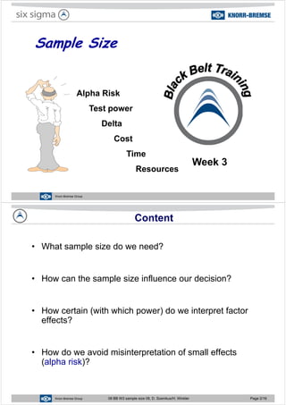 Sample SizeSample Size
Al h Ri kAlpha Risk
Test powerp
Delta
Cost
TimeTime
Resources
Week 3
Knorr-Bremse Group
Content
• What sample size do we need?What sample size do we need?
• How can the sample size influence our decision?
• How certain (with which power) do we interpret factor( p ) p
effects?
• How do we avoid misinterpretation of small effects
( l h i k)?(alpha risk)?
Knorr-Bremse Group 08 BB W3 sample size 08, D. Szemkus/H. Winkler Page 2/16
 