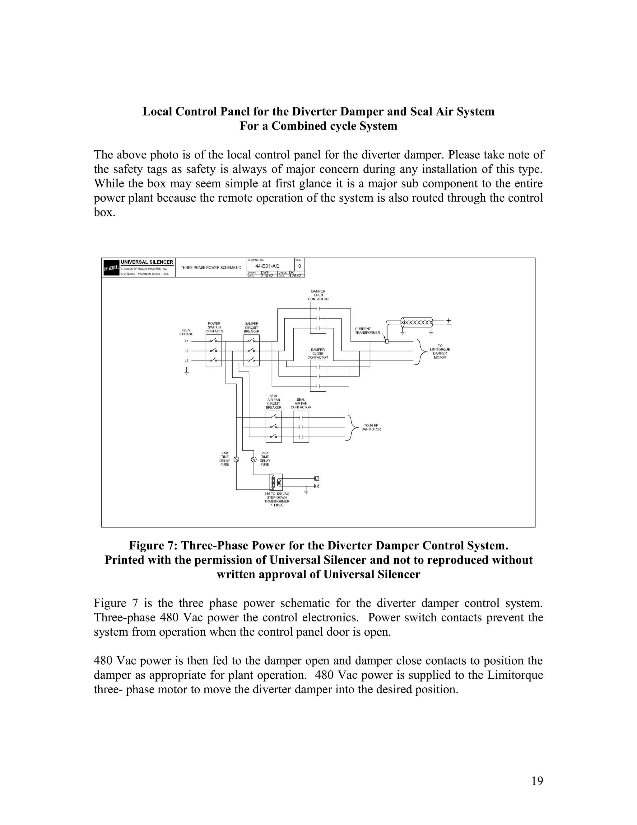 Local Control Panel for the Diverter Damper and Seal Air System
For a Combined cycle System
The above photo is of the local control panel for the diverter damper. Please take note of
the safety tags as safety is always of major concern during any installation of this type.
While the box may seem simple at first glance it is a major sub component to the entire
power plant because the remote operation of the system is also routed through the control
box.
Figure 7: Three-Phase Power for the Diverter Damper Control System.
Printed with the permission of Universal Silencer and not to reproduced without
written approval of Universal Silencer
Figure 7 is the three phase power schematic for the diverter damper control system.
Three-phase 480 Vac power the control electronics. Power switch contacts prevent the
system from operation when the control panel door is open.
480 Vac power is then fed to the damper open and damper close contacts to position the
damper as appropriate for plant operation. 480 Vac power is supplied to the Limitorque
three- phase motor to move the diverter damper into the desired position.
19
 