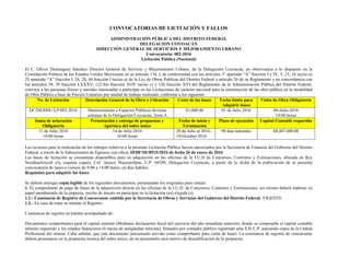 CONVOCATORIAS DE LICITACIÓN Y FALLOS
ADMINISTRACIÓN PÚBLICA DEL DISTRITO FEDERAL
DELEGACION COYOACÁN
DIRECCIÓN GENERAL DE SERVICIOS Y MEJORAMIENTO URBANO
Convocatoria: 002-2016
Licitación Pública (Nacional)
El C. Oliver Domínguez Sánchez Director General de Servicio y Mejoramiento Urbano, de la Delegación Coyoacán, en observancia a lo dispuesto en la
Constitución Política de los Estados Unidos Mexicanos en su artículo 134, y de conformidad con los artículos 3° apartado “A” fracción I y IV, 5, 23, 24 inciso a)
25 apartado “A” fracción I, 26, 28, 44 fracción I inciso a) de la Ley de Obras Publicas del Distrito Federal y articulo 26 de su Reglamento y en concordancia con
los artículos 38, 39 fracción LXXXV, 122-bis fracción XOV inciso c) y 126 fracción XVI del Reglamento de la Administración Pública del Distrito Federal,
convoca a las personas físicas y morales interesadas a participar en las Licitaciones de carácter nacional para la contratación de las obra pública en la modalidad
de Obra Pública a base de Precios Unitarios por unidad de trabajo realizado, conforme a los siguiente:
No. de Licitación Descripción General de la Obra y Ubicación Costo de las bases Fecha límite para
Adquirir bases
Visita de Obra Obligatoria
DC/DGSMU/LP/003-2016 Mantenimiento a Espacios Públicos diversas
colonias de la Delegación Coyoacán, Zona A
$1,000.00 01 de Julio 2016 06-Julio-2016
10:00 horas
Junta de aclaración
Obligatoria
Presentación y entrega de propuestas y
Apertura del sobre único
Fecha de inicio y
Terminación
Plazo de ejecución Capital Contable requerido
11 de Julio 2016
10:00 horas
14 de Julio 2016
10:00 horas
20 de Julio al 2016-
19-Octubre-2016
90 días naturales $8,407,000.00
Los recursos para la realización de los trabajos relativos a la presente Licitación Pública fueron autorizados por la Secretaria de Finanzas del Gobierno del Distrito
Federal, a través de la Subsecretaria de Egresos, con oficio SFDF/SE/0515/2016 de fecha 26 de enero de 2016.
Las bases de licitación se encuentran disponibles para su adquisición en las oficinas de la J.U.D de Concursos, Contratos y Estimaciones, ubicada en Rey
Nezahualcóyotl s/n, esquina yaquis, Col. Ajusco Huayamilpas, C.P. 04390, Delegación Coyoacán, a partir de la fecha de la publicación de la presente
convocatoria de lunes a viernes de 9:00 a 14:00 horas, en días hábiles.
Requisitos para adquirir las bases.
Se deberá entregar copia legible de los siguientes documentos, presentando los originales para cotejar:
1. El comprobante de pago de bases de la adquisición directa en las oficinas de la J.U.D. de Concursos, Contratos y Estimaciones, así mismo deberá elaborar en
papel membretado de la empresa, escrito de interés en participar en la licitación (es) elegida (s).
1.1.- Constancia de Registro de Concursante emitido por la Secretaria de Obras y Servicios del Gobierno del Distrito Federal, VIGENTE.
1.2.- En caso de estar en trámite el Registro:
Constancia de registro en trámite acompañado de:
Documentos comprobantes para el capital mínimo (Mediante declaración fiscal del ejercicio del año inmediato anterior), donde se compruebe el capital contable
mínimo requerido y los estados financieros (6 meses de antigüedad máxima), firmados por contador público registrado ante S.H.C.P, anexando copia de la Cédula
Profesional del mismo. Cabe señalar, que este documento únicamente servida como comprobante para venta de bases. La constancia de registro de concursante
deberá presentarse en la propuesta técnica del sobre único, de no presentarlo será motivo de descalificación de la propuesta.
 