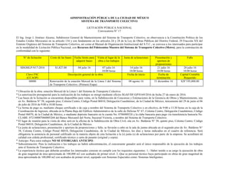 ADMINISTRACIÓN PÚBLICA DE LA CIUDAD DE MÉXICO
SISTEMA DE TRANSPORTE COLECTIVO
LICITACIÓN PÚBLICA NACIONAL
Convocatoria N° 17
El Ing. Jorge J. Jiménez Alcaraz, Subdirector General de Mantenimiento del Sistema de Transporte Colectivo, en observancia a la Constitución Política de los
Estados Unidos Mexicanos en su artículo 134 y con fundamento en los artículos 24 y 28 de la Ley de Obras Públicas del Distrito Federal, 29 Fracción XX del
Estatuto Orgánico del Sistema de Transporte Colectivo, así como al Manual de Organización Institucional del S.T.C., se convoca a los interesados para participar
en la modalidad de Licitación Pública Nacional, con Recursos del Fideicomiso Maestro del Sistema de Transporte Colectivo (Metro), para la contratación de
conformidad con lo siguiente:
N° de licitación Costo de las bases Fecha límite para
adquirir bases
Visita al lugar de la
obra o los trabajos
Junta de aclaraciones Presentación y
apertura de
proposiciones
Fallo
SDGMLP-N17-2016 $1,827.00 04 julio 16 07 julio 16
10:00 horas
14 julio 16
10:00 horas
21 julio 16
10:00 horas
28 julio 16
10:00 horas
Clave FSC
(CCAOP)
Descripción general de la obra Fecha de inicio Fecha de
terminación
Capital Contable
Requerido
00000 Renovación de la estación Merced de la Línea 1 del Sistema
de Transporte Colectivo. (Primera Etapa)
08 agosto 16 31 diciembre 16 $28’195,000.00
* Ubicación de la obra: estación Merced de la Línea 1 del Sistema de Transporte Colectivo.
* La autorización presupuestal para la realización de los trabajos se otorgó mediante oficios SGAF/DF/GP/0169/2016 de fecha 27 de enero de 2016.
* Las bases de la licitación se encuentran disponibles para venta, en la Subdirección de Concursos y Estimaciones de la Gerencia de Obras y Mantenimiento, sita
en Av. Balderas N° 58, segundo piso, Colonia Centro, Código Postal 06010, Delegación Cuauhtémoc, de la Ciudad de México, únicamente del 29 de junio al 04
de julio de 2016 de 9:00 a 18:00 horas.
* La forma de pago es, mediante cheque certificado o de caja a nombre del Sistema de Transporte Colectivo o en efectivo, de 9:00 a 13:30 horas en la caja de la
Coordinación de Ingresos, ubicada en la Planta Baja del Edificio Administrativo de la calle de Delicias N° 67, Colonia Centro, Delegación Cuauhtémoc, Código
Postal 06070, de la Ciudad de México, o mediante depósito bancario en la cuenta No. 0706000526 y la clabe bancaria para pago vía transferencia bancaria No.
CLABE: 072180007060005268 del Banco Mercantil del Norte, Sucursal Victoria, a nombre del Sistema de Transporte Colectivo.
* El lugar de reunión para la visita de obra será en la oficina de la Subdirección de Obra Civil, sita en Av. Balderas N° 58, quinto piso, Colonia Centro, Código
Postal 06010, Delegación Cuauhtémoc, de la Ciudad de México.
* La junta de aclaraciones, presentación y apertura de proposiciones y fallo, se llevarán a cabo en la sala de juntas ubicada en el segundo piso de Av. Balderas N°
58, Colonia Centro, Código Postal 06010, Delegación Cuauhtémoc, de la Ciudad de México, los días y horas indicados en el cuadro de referencia. Será
obligatoria la asistencia de personal calificado en la materia objeto de esta licitación a la (s) junta (s) de aclaraciones por parte de la empresa. Se acreditará tal
calidad con cédula profesional, certificado técnico o carta de pasante (original y copia).
* Anticipo: Para estos trabajos NO SE OTORGARÁ ANTICIPO.
* Subcontratación: Para la realización e los trabajos no habrá subcontratación, el concursante ganador será el único responsable de la ejecución de los trabajos
ante el Sistema de Transporte Colectivo.
* La experiencia técnica que deberán acreditar los interesados consiste en cumplir con los requisitos siguientes: 1.- Haber tenido a su cargo la ejecución de obra
de gran magnitud de área aproximada de 100,000 m2 con acabados de primer nivel. 2.-Que su personal técnico haya participado en obras de gran magnitud de
área aproximada de 100,000 m2 con acabados de primer nivel, equipado con Sistemas Especiales como: Sistemas Inteligentes.
 