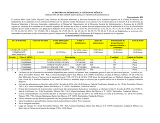 AUDITORIA SUPERIOR DE LA CIUDAD DE MÉXICO
DIRECCIÓN DE RECURSOS MATERIALES Y SERVICIOS GENERALES
Convocatoria: 004
El suscrito Mtro. Juan Carlos Esquivel Lima, Director de Recursos Materiales y Servicios Generales de la Auditoría Superior de la Ciudad de México, con
fundamento de lo dispuesto en la Constitución Política de los Estados Unidos Mexicanos en su artículo 134, en observancia de la función 9 de la Dirección de
Recursos Materiales y Servicios Generales, establecida en el Manual de Organización, de la Dirección General de Administración y Sistemas de la ASCM
vigente en términos de lo señalado en el numeral Segundo, del acuerdo por el que se emiten diversas disposiciones para la aplicación de la Ley de Fiscalización
Superior de la Ciudad de México y en apego de lo dispuesto en los artículos 26, 27, inciso A), 30 Fracción II, 32,33, 34, 35, 36, 37, 38, 39, 39 BIS, 42, 43, 44, 49,
51, 59, 61, 62, 65, 69,71, 73, 75 BIS y 88 y Artículos 36, 37,39, 40, 41, 42, 43, 46, 47, 48, 55, 57, 59, 60, 63 Y 64, de su Reglamento, se convoca a los
interesados en participar en la(s) licitación(es) para la Adquisición de Consumibles y Refacciones de Cómputo de acuerdo con lo siguiente:
Licitación Pública Internacional
No. de licitación Costo de las bases Fecha límite para
adquirir bases
Visita a
instalaciones
Junta de
aclaraciones
Presentación de
proposiciones y
apertura técnica y
económica
Acto de Fallo
ASCM/LPN/11/2016
COMPRANET
809013998-09-16
$ 300.00 01/07/2016
No habrá visita a
las instalaciones
05/07/2016
10:00 horas
11/07/2016
10:00 horas
14/07/2016
10:00 horas
Partida Clave CABMS Descripción Cantidad Unidad de Medida
1 C360000048 TONER NEGRO CE278A CE278AHP 1536 115 Pieza
2 C360000048 TONER NEGRO CE390A CE390AHP 600 126 Pieza
3 C360000048 TONER NEGRO CF281X CF281XHP 606 100 Pieza
4 C360000048 TONER LEXMARK 524X 524H LEXMARK MS811dn 30 Pieza
5 C360000048 TONER NEGRO CF280A CF280XHP 400 17 Pieza
 Las bases de las licitaciones se encuentran disponibles para consulta en Internet: http://compranet.gob.mx o bien en www.ascm.gob.mx : y venta en Av.
20 de Noviembre Número 700 - P.B., Colonia Huichapan, Barrio San Marcos, C.P. 16050, Xochimilco, Ciudad de México, teléfono: 56 24 53 68, los
días, Miércoles, Jueves y Viernes con el siguiente horario: 9:00 a 14:30 y de 16:00 a 17:30 horas. La forma de pago es: Mediante cheque certificado o de
caja a favor de la Auditoría Superior de la Ciudad de México o mediante pago en efectivo que se podrá realizar en la tesorería de la propia Auditoría
Superior.
 La junta de aclaraciones se llevará a cabo el día 5 de julio de 2016 a las 10:00 horas en: Sala de Confrontas, ubicado en: Av. 20 de Noviembre Número
700 - P.B, Colonia Huichapan, Barrio San Marcos, C.P. 16050, Xochimilco, Ciudad de México.
 El acto de presentación de proposiciones y apertura de la(s) propuesta(s) técnica(s) y económicas se efectuará el día 11 de julio de 2016 a las 10:00 en:
Sala de Confrontas, Av. 20 de Noviembre, Número 700 - P.B, Colonia Huichapan, Barrio San Marcos, C.P. 16050, Xochimilco, Ciudad de México.
 El acto correspondiente a la emisión del fallo se efectuará el día 14 de julio de 2016 a las 10:00 horas, en: Sala de Confrontas, Av. 20 de Noviembre,
Número 700 - P.B., Colonia Huichapan, Barrio San Marcos, C.P. 16050, Xochimilco, Ciudad de México.
 El(los) idioma(s) en que deberá(n) presentar (se) la(s) proposición(es) será(n): Español.
 La(s) moneda(s) en que deberá(n) cotizarse la(s) proposición(es) será(n): Peso mexicano.
 No se otorgarán anticipos.
 Lugar de entrega: Av. 20 de Noviembre Número 700 - P.B., Colonia Huichapan, Barrio San Marcos, C.P. 16050, Xochimilco, Ciudad de México, los
días Lunes a Viernes en el horario de entrega: 9:00 a 18:00 Horas.
 
