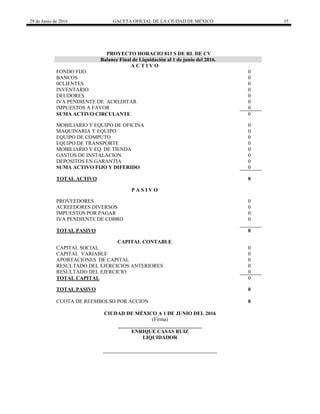 29 de Junio de 2016 GACETA OFICIAL DE LA CIUDAD DE MÉXICO 35
 
PROYECTO HORACIO 813 S DE RL DE CV
Balance Final de Liquidación al 1 de junio del 2016.
A C T I V O
FONDO FIJO 0
BANCOS 0
0CLIENTES 0
INVENTARIO 0
DEUDORES 0
IVA PENDIENTE DE ACREDITAR 0
IMPUESTOS A FAVOR 0
SUMA ACTIVO CIRCULANTE 0
MOBILIARIO Y EQUIPO DE OFICINA 0
MAQUINARIA Y EQUIPO 0
EQUIPO DE COMPUTO 0
EQUIPO DE TRANSPORTE 0
MOBILIARIO Y EQ. DE TIENDA 0
GASTOS DE INSTALACION 0
DEPOSITOS EN GARANTIA 0
SUMA ACTIVO FIJO Y DIFERIDO 0
TOTAL ACTIVO 0
P A S I V O
PROVEEDORES 0
ACREEDORES DIVERSOS 0
IMPUESTOS POR PAGAR 0
IVA PENDIENTE DE COBRO 0
TOTAL PASIVO 0
CAPITAL CONTABLE
CAPITAL SOCIAL 0
CAPITAL VARIABLE 0
APORTACIONES DE CAPITAL 0
RESULTADO DEL EJERCICIOS ANTERIORES 0
RESULTADO DEL EJERCICIO 0
TOTAL CAPITAL 0
TOTAL PASIVO 0
CUOTA DE REEMBOLSO POR ACCION 0
CIUDAD DE MÉXICO A 1 DE JUNIO DEL 2016
(Firma)
________________________________
ENRIQUE CASAS RUIZ
LIQUIDADOR
 