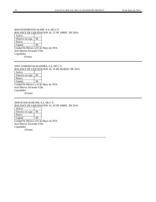 38 GACETA OFICIAL DE LA CIUDAD DE MÉXICO 29 de Junio de 2016
 
MANTENIMIENTO SLIMP, S.A. DE C.V.
BALANCE DE LIQUIDACION AL 22 DE ABRIL DE 2016.
Activo
Efectivo en caja $0
Pasivo
Capital $0
Ciudad De México a 02 de Mayo de 2016.
José Marcos Alvarado Villa
Liquidador
(Firma)
SINT COMERCIALIZADORA, S.A. DE C.V.
BALANCE DE LIQUIDACION AL 18 DE MARZO DE 2016.
Activo
Efectivo en caja $0
Pasivo
Capital $0
Ciudad De México a 16 de Mayo de 2016.
José Marcos Alvarado Villa
Liquidador
(Firma)
SERVICIOS SUDCOM, S.A. DE C.V.
BALANCE DE LIQUIDACION AL 20 DE ABRIL DE 2016.
Activo
Efectivo en caja $0
Pasivo
Capital $0
Ciudad De México a 03 de Mayo de 2016.
José Marcos Alvarado Villa
Liquidador
(Firma)
 