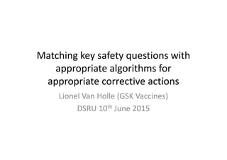 Matching key safety questions with
appropriate algorithms for
appropriate corrective actions
Lionel Van Holle (GSK Vaccines)
DSRU 10th June 2015
 