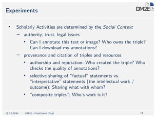 1111 
Experiments 
• Scholarly Activities are determined by the Social Context 
− authority, trust, legal issues 
• Can I annotate this text or image? Who owns the triple? 
Can I download my annotations? 
− provenance and citation of triples and resources 
• authorship and reputation: Who created the triple? Who 
checks the quality of annotations? 
• selective sharing of “factual” statements vs. 
“interpretative” statements (the intellectual work / 
outcome): Sharing what with whom? 
• “composite triples”: Who’s work is it? 
11.12.2014 DM2E – Final Event (Pisa) 
