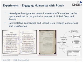 Experiments - Engaging Humanists with Pundit 
• Investigate how genuine research interests of humanists can be 
2 
operationalized in the particular context of Linked Data and 
Pundit. 
• Interpretative approaches and Linked Data through annotations 
and visualization 
12.12.2014 DM2E – Final Event (Pisa) 
 