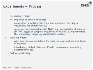 6 
Experiments – Process 
• Preparatory Phase 
− sequence of several meetings 
− conceptual: specifying the topic and approach, devising a 
vocabulary for annotation etc. 
− technical: in cooperation with Net7, e.g. accessibility of sources 
(HTML pages or scraper), bug-fixing of Pundit 2, implementing 
the vocabulary, preparing visualization options 
• Working Phase 
− with two full-day workshops for each use case and work at home 
in-between 
− introducing Linked Data and Pundit, discussions, annotating, 
questionnaire etc. 
• Follow-up Meetings 
11.12.2014 DM2E – Final Event (Pisa) 
 