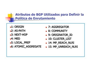 Atributos de BGP Utilizados para Definir la
Política de Enrutamiento
1: ORIGIN
2: AS-PATH
3: NEXT-HOP
4: MED
5: LOCAL_PREF
6: ATOMIC_AGGREGATE
1: ORIGIN
2: AS-PATH
3: NEXT-HOP
4: MED
5: LOCAL_PREF
6: ATOMIC_AGGREGATE
 7: AGGREGATOR
 8: COMMUNITY
 9: ORIGINATOR_ID
 10: CLUSTER_LIST
 14: MP_REACH_NLRI
 15: MP_UNREACH_NLRI
 7: AGGREGATOR
 8: COMMUNITY
 9: ORIGINATOR_ID
 10: CLUSTER_LIST
 14: MP_REACH_NLRI
 15: MP_UNREACH_NLRI
 
