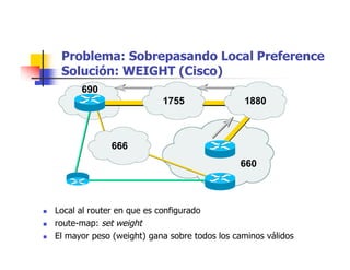 Problema: Sobrepasando Local Preference
Solución: WEIGHT (Cisco)
 Local al router en que es configurado
 route-map: set weight
 El mayor peso (weight) gana sobre todos los caminos válidos
1755 1880
666
690
660
 
