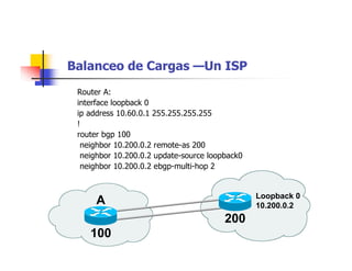 100
200
A Loopback 0
10.200.0.2
Balanceo de Cargas —Un ISP
Router A:
interface loopback 0
ip address 10.60.0.1 255.255.255.255
!
router bgp 100
neighbor 10.200.0.2 remote-as 200
neighbor 10.200.0.2 update-source loopback0
neighbor 10.200.0.2 ebgp-multi-hop 2
 
