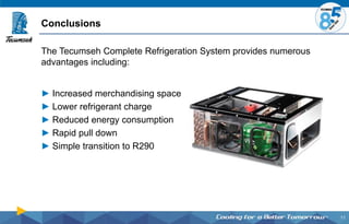 11
The Tecumseh Complete Refrigeration System provides numerous
advantages including:
► Increased merchandising space
► Lower refrigerant charge
► Reduced energy consumption
► Rapid pull down
► Simple transition to R290
Conclusions
 