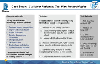 Case Study: Customer Rationale, Test Plan, Methodologies
Test plan:
Select customer cabinet currently using
R134a fixed speed cooling cassette:
1. Baseline R134a cooling cassette –
a) Measure energy consumption and pull
down time at no load, full load and half
reload
b) Measure DOE & Energy Star 4 tests
2. Replace with IntelliCOOL R290 variable
speed cassette and repeat baseline tests
3. Don’t make any changes to cabinet
except adapting interface to new cassette.
4. Compare results / make conclusions.
Customer rationale:
“Using variable speed
technology, achieve benefits…
✓ Reduced energy consumption
✓ Improved thermal stability
✓ Rapid “pull-down”
✓ Smaller displacement
compressor
✓ Charge reduction
✓ SKU reduction
✓ Dual voltage, soft starting
✓ Lower noise and vibration
…with compact IntelliCOOL
cassette and minimal changes
to existing cabinet.”
Test Methods:
▪ Pull down test
ambient: 90F
▪ Product set
temp: 38F
▪ 2 hour
stabilization time
before test start
▪ DOE and Energy
Star 4 tests – as per
ASHRAE 72
▪ Same cabinet
used in all tests
 