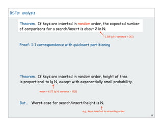 15
BSTs: analysis
Theorem. If keys are inserted in random order, the expected number
of comparisons for a search/insert is about 2 ln N.
Proof: 1-1 correspondence with quicksort partitioning
Theorem. If keys are inserted in random order, height of tree
is proportional to lg N, except with exponentially small probability.
But… Worst-case for search/insert/height is N.
e.g., keys inserted in ascending order
mean 6.22 lg N, variance = O(1)
1.38 lg N, variance = O(1)
 