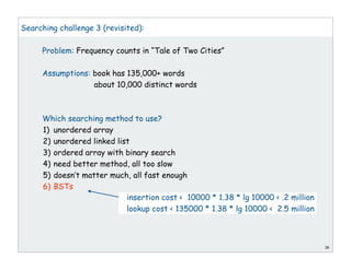 Searching challenge 3 (revisited):
Problem: Frequency counts in “Tale of Two Cities”
Assumptions: book has 135,000+ words
about 10,000 distinct words
Which searching method to use?
1) unordered array
2) unordered linked list
3) ordered array with binary search
4) need better method, all too slow
5) doesn’t matter much, all fast enough
6) BSTs
16
insertion cost < 10000 * 1.38 * lg 10000 < .2 million
lookup cost < 135000 * 1.38 * lg 10000 < 2.5 million
 