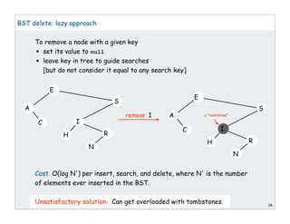 28
BST delete: lazy approach
To remove a node with a given key
• set its value to null
• leave key in tree to guide searches
[but do not consider it equal to any search key]
Cost. O(log N') per insert, search, and delete, where N' is the number
of elements ever inserted in the BST.
Unsatisfactory solution: Can get overloaded with tombstones.
E
S
A
C
H R
I
N
E
S
A
C
H R
I
N
remove I a “tombstone”
 