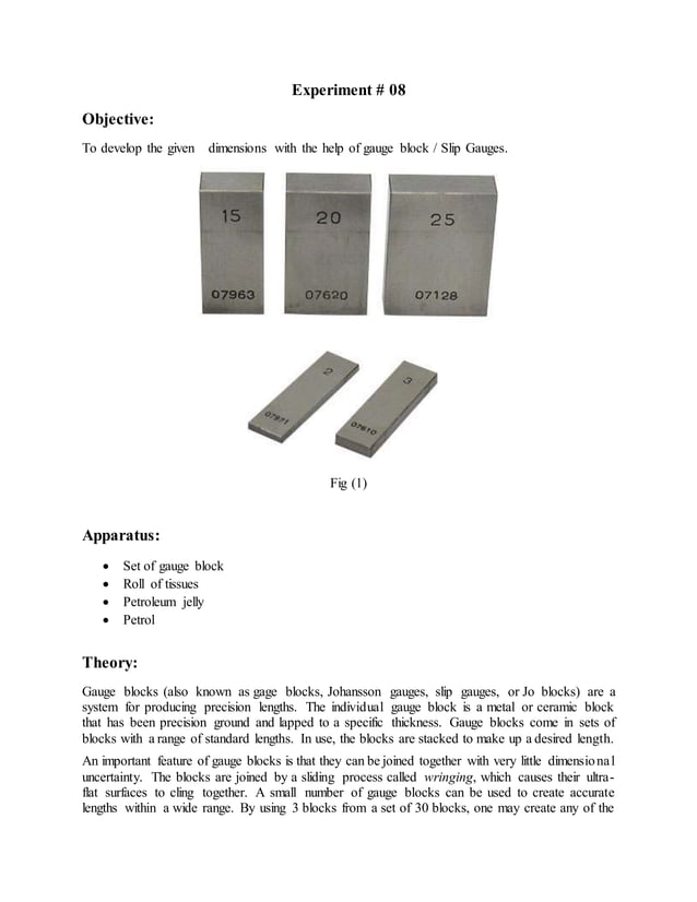 To develop the given dimensions with the help of gauge block / Slip Gauges. PDF