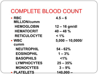 COMPLETE BLOOD COUNT
 RBC 4.5 – 6
MILLION/cumm
HEMOGLOBIN 12 – 16 gm/dl
HEMATOCRIT 40 – 48 %
RETICULOCYTE < 1%
 WBC 5,000 – 10,0000/
cumm
NEUTROPHIL 54 - 62%
EOSINOPHIL 1 – 3%
BASOPHILS <1%
LYMPHOCYTES 25 – 35%
MONOCYTES 3 – 9%
 PLATELETS 140,000 –
 