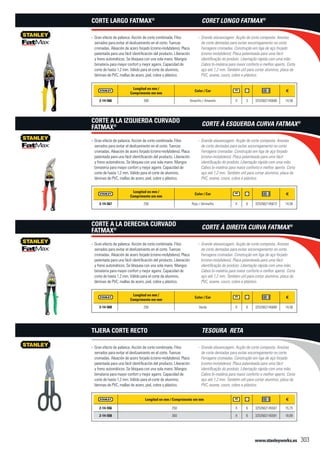 www.stanleyworks.es 303
Longitud en mm /
Comprimento em mm
Color / Cor f
2-14-566 300 Amarillo / Amarelo X 3 3253562145666 14,58
Gran efecto de palanca. Acción de corte combinada. Filos--
serrados para evitar el deslizamiento en el corte. Tuercas
cromadas. Aleación de acero forjado (cromo-molybdeno). Placa
patentada para una fácil identificación del producto. Liberación
y freno automáticos. Se bloquea con una sola mano. Mangos
bimateria para mayor confort y mejor agarre. Capacidad de
corte de hasta 1,2 mm. Válido para el corte de aluminio,
láminas de PVC, mallas de acero, piel, cobre y plástico.
Corte Largo FatMax®
Longitud en mm /
Comprimento em mm
Color / Cor f
2-14-567 250 Rojo / Vermelho X 6 3253562145673 14,58
Gran efecto de palanca. Acción de corte combinada. Filos--
serrados para evitar el deslizamiento en el corte. Tuercas
cromadas. Aleación de acero forjado (cromo-molybdeno). Placa
patentada para una fácil identificación del producto. Liberación
y freno automáticos. Se bloquea con una sola mano. Mangos
bimateria para mayor confort y mejor agarre. Capacidad de
corte de hasta 1,2 mm. Válido para el corte de aluminio,
láminas de PVC, mallas de acero, piel, cobre y plástico.
Corte a la Izquierda Curvado
FatMax®
Longitud en mm /
Comprimento em mm
Color / Cor f
2-14-568 250 Verde X 6 3253562145680 14,58
Gran efecto de palanca. Acción de corte combinada. Filos--
serrados para evitar el deslizamiento en el corte. Tuercas
cromadas. Aleación de acero forjado (cromo-molybdeno). Placa
patentada para una fácil identificación del producto. Liberación
y freno automáticos. Se bloquea con una sola mano. Mangos
bimateria para mayor confort y mejor agarre. Capacidad de
corte de hasta 1,2 mm. Válido para el corte de aluminio,
láminas de PVC, mallas de acero, piel, cobre y plástico.
Corte a la Derecha Curvado
FatMax®
Longitud en mm / Comprimento em mm f
2-14-556 250 X 6 3253562145567 15,75
2-14-558 300 X 6 3253562145581 18,69
Gran efecto de palanca. Acción de corte combinada. Filos--
serrados para evitar el deslizamiento en el corte. Tuercas
cromadas. Aleación de acero forjado (cromo-molybdeno). Placa
patentada para una fácil identificación del producto. Liberación
y freno automáticos. Se bloquea con una sola mano. Mangos
bimateria para mayor confort y mejor agarre. Capacidad de
corte de hasta 1,2 mm. Válido para el corte de aluminio,
láminas de PVC, mallas de acero, piel, cobre y plástico.
Tijera Corte Recto
Grande alavancagem. Acção de corte composta. Arestas--
de corte dentadas para evitar escorregamento no corte.
Ferragens cromadas. Construção em liga de aço forjado
(cromo-molybdeno). Placa patenteada para uma fácil
identificação do produto. Libertação rápida com uma mão.
Cabos bi-matéria para maior conforto e melhor aperto. Corta
aço até 1,2 mm. Também util para cortar alumínio, placa da
PVC, arame, couro, cobre e plástico.
Coret Longo FatMax®
Grande alavancagem. Acção de corte composta. Arestas--
de corte dentadas para evitar escorregamento no corte.
Ferragens cromadas. Construção em liga de aço forjado
(cromo-molybdeno). Placa patenteada para uma fácil
identificação do produto. Libertação rápida com uma mão.
Cabos bi-matéria para maior conforto e melhor aperto. Corta
aço até 1,2 mm. Também util para cortar alumínio, placa da
PVC, arame, couro, cobre e plástico.
Corte à esquerda Curva FatMax®
Grande alavancagem. Acção de corte composta. Arestas--
de corte dentadas para evitar escorregamento no corte.
Ferragens cromadas. Construção em liga de aço forjado
(cromo-molybdeno). Placa patenteada para uma fácil
identificação do produto. Libertação rápida com uma mão.
Cabos bi-matéria para maior conforto e melhor aperto. Corta
aço até 1,2 mm. Também util para cortar alumínio, placa da
PVC, arame, couro, cobre e plástico.
Corte à direita Curva FatMax®
Grande alavancagem. Acção de corte composta. Arestas--
de corte dentadas para evitar escorregamento no corte.
Ferragens cromadas. Construção em liga de aço forjado
(cromo-molybdeno). Placa patenteada para uma fácil
identificação do produto. Libertação rápida com uma mão.
Cabos bi-matéria para maior conforto e melhor aperto. Corta
aço até 1,2 mm. Também util para cortar alumínio, placa da
PVC, arame, couro, cobre e plástico.
Tesoura Reta
 