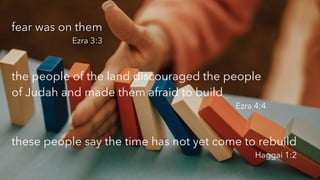 fear was on them


Ezra 3:3
the people of the land discouraged the people
of Judah and made them afraid to build


Ezra 4:...