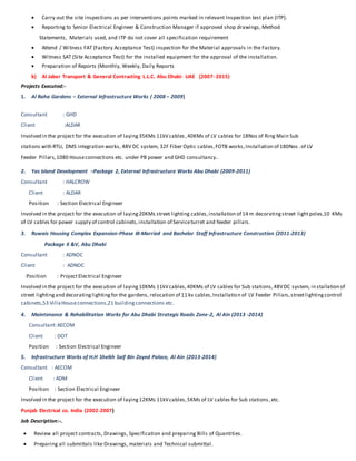  Carry out the site inspections as per interventions points marked in relevant Inspection test plan (ITP).
 Reporting to Senior Electrical Engineer & Construction Manager if approved shop drawings, Method
Statements, Materials used, and ITP do not cover all specification requirement
 Attend / Witness FAT (Factory Acceptance Test) inspection for the Material approvals in the Factory.
 Witness SAT (Site Acceptance Test) for the installed equipment for the approval of the installation.
 Preparation of Reports (Monthly, Weekly, Daily Reports
b) Al Jaber Transport & General Contracting L.L.C. Abu Dhabi- UAE (2007- 2015)
Projects Executed:-
1. Al Raha Gardens – External Infrastructure Works ( 2008 – 2009)
Consultant : GHD
Client :ALDAR
Involved in the project for the execution of laying35KMs 11kVcables,40KMs of LV cables for 18Nos of Ring Main Sub
stations with RTU, DMS integration works, 48V DC system, 32F Fiber Optic cables,FOTB works,Installation of 180Nos .of LV
Feeder Pillars,1080 Houseconnections etc. under PB power and GHD consultancy.
2. Yas Island Development –Package 2, External Infrastructure Works Abu Dhabi (2009-2011)
Consultant : HALCROW
Client : ALDAR
Position : Section Electrical Engineer
Involved in the project for the execution of laying20KMs street lighting cables,installation of 14 m decoratingstreet lightpoles,10 KMs
of LV cables for power supply of control cabinets,installation of Serviceturret and feeder pillars.
3. Ruwais Housing Complex Expansion-Phase III-Married and Bachelor Staff Infrastructure Construction (2011-2013)
Package II &V, Abu Dhabi
Consultant : ADNOC
Client : ADNOC
Position : ProjectElectrical Engineer
Involved in the project for the execution of laying10KMs 11kVcables,40KMs of LV cables for Sub stations,48VDC system, in stallation of
street lightingand decoratinglightingfor the gardens, relocation of 11 kv cables,Installation of LV Feeder Pillars,streetlightingcontrol
cabinets,53 VillaHouseconnections,21 buildingconnections etc.
4. Maintenance & Rehabilitation Works for Abu Dhabi Strategic Roads Zone-2, Al Ain (2013 -2014)
Consultant:AECOM
Client : DOT
Position : Section Electrical Engineer
5. Infrastructure Works of H.H Sheikh Saif Bin Zayed Palace, Al Ain (2013-2014)
Consultant : AECOM
Client : ADM
Position : Section Electrical Engineer
Involved in the project for the execution of laying12KMs 11kVcables,5KMs of LV cables for Sub stations ,etc.
Punjab Electrical co. India (2002-2007)
Job Description:-.
 Review all project contracts, Drawings, Specification and preparing Bills of Quantities.
 Preparing all submittals like Drawings, materials and Technical submittal.
 