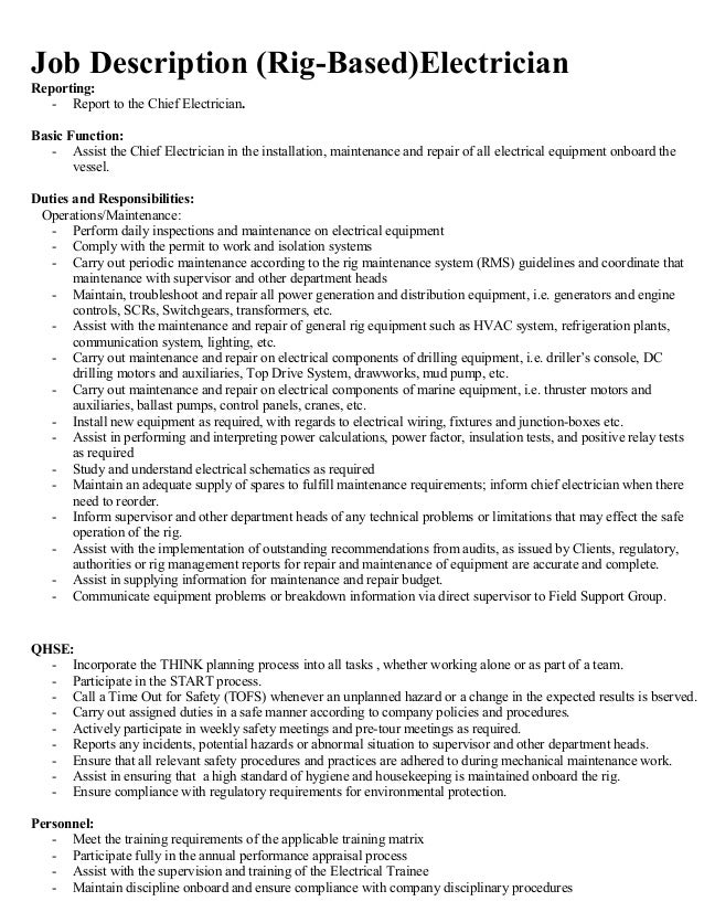 job description electrician job duties