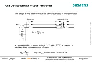 Energy Sector
Copyright
©
Siemens
AG
2008.
All
rights
reserved.
Siemens Power Academy TD
08 Basis Stator Earth Fault Protection
Using numerical machine and motor protection
Version: C 3_Page 11
Unit Connection with Neutral Transformer
This design is very often used outside Germany, mostly at small generators
Generator Unit transformer
Rsek=
Rprim
ü2
TR
Design of Rprim so that the fault current is < 10A
R
UR
ÜTR =
UGen
3
UR
A high secondary nominal voltage UR (250V - 500V) is selected in
order to avoid very small load resistors.
 