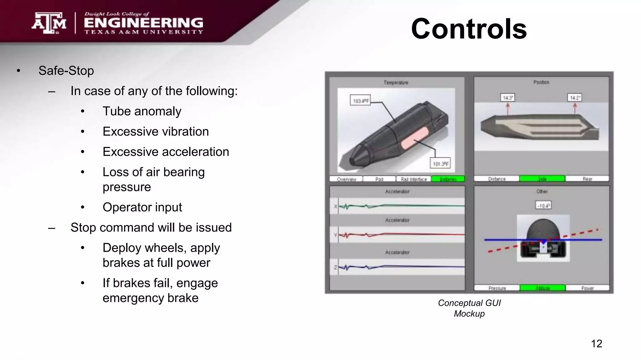 Controls
• Safe-Stop
– In case of any of the following:
• Tube anomaly
• Excessive vibration
• Excessive acceleration
• Loss of air bearing
pressure
• Operator input
– Stop command will be issued
• Deploy wheels, apply
brakes at full power
• If brakes fail, engage
emergency brake
12
Conceptual GUI
Mockup
 