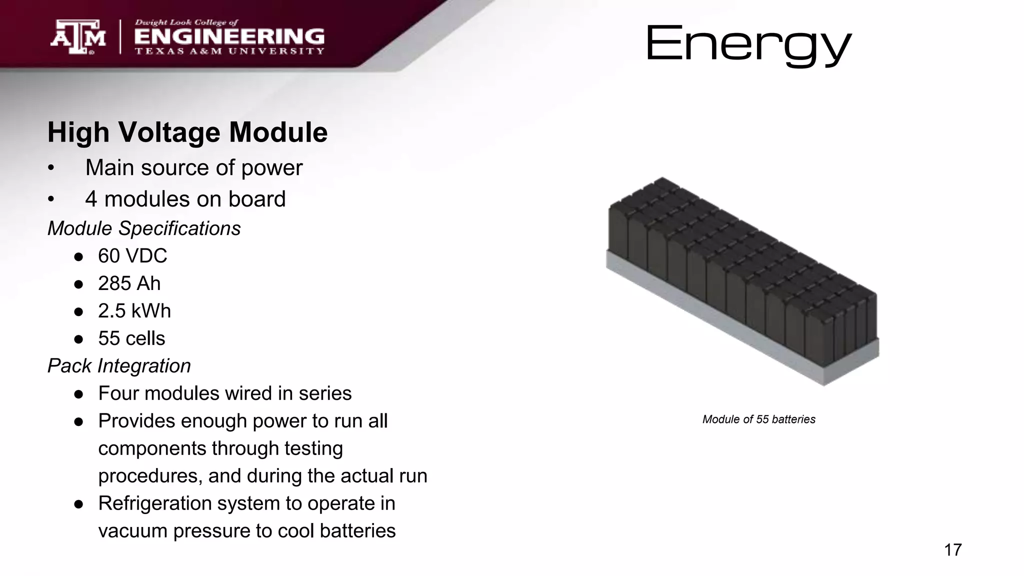 Energy
High Voltage Module
• Main source of power
• 4 modules on board
Module Specifications
● 60 VDC
● 285 Ah
● 2.5 kWh
● 55 cells
Pack Integration
● Four modules wired in series
● Provides enough power to run all
components through testing
procedures, and during the actual run
● Refrigeration system to operate in
vacuum pressure to cool batteries
Module of 55 batteries
17
 