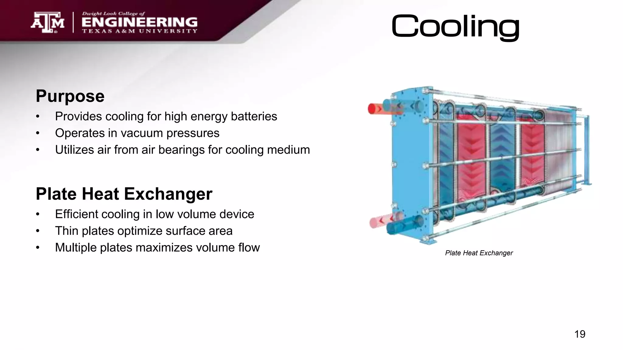 Cooling
Purpose
• Provides cooling for high energy batteries
• Operates in vacuum pressures
• Utilizes air from air bearings for cooling medium
Plate Heat Exchanger
• Efficient cooling in low volume device
• Thin plates optimize surface area
• Multiple plates maximizes volume flow
19
Plate Heat Exchanger
 