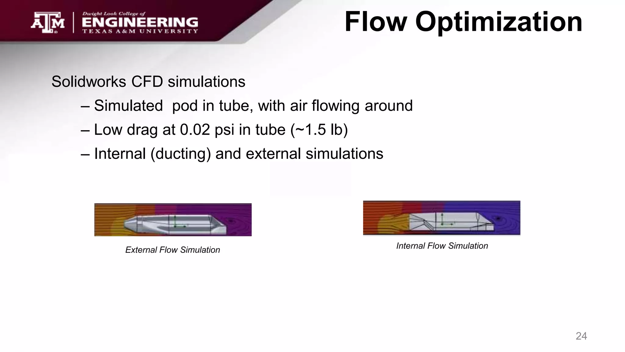 Flow Optimization
Solidworks CFD simulations
– Simulated pod in tube, with air flowing around
– Low drag at 0.02 psi in tube (~1.5 lb)
– Internal (ducting) and external simulations
24
External Flow Simulation Internal Flow Simulation
 