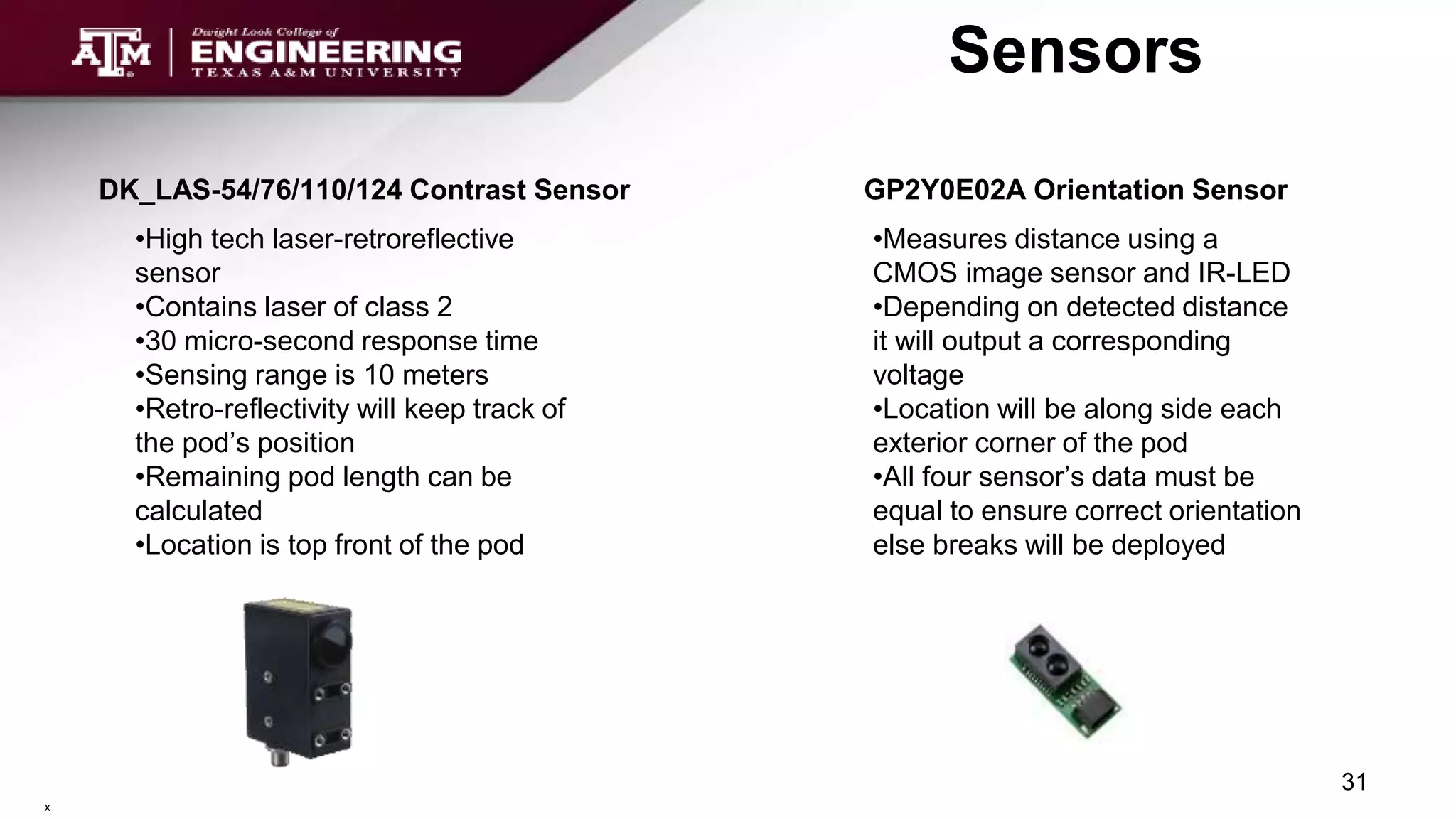 Sensors
31
•High tech laser-retroreflective
sensor
•Contains laser of class 2
•30 micro-second response time
•Sensing range is 10 meters
•Retro-reflectivity will keep track of
the pod’s position
•Remaining pod length can be
calculated
•Location is top front of the pod
DK_LAS-54/76/110/124 Contrast Sensor GP2Y0E02A Orientation Sensor
•Measures distance using a
CMOS image sensor and IR-LED
•Depending on detected distance
it will output a corresponding
voltage
•Location will be along side each
exterior corner of the pod
•All four sensor’s data must be
equal to ensure correct orientation
else breaks will be deployed
x
 