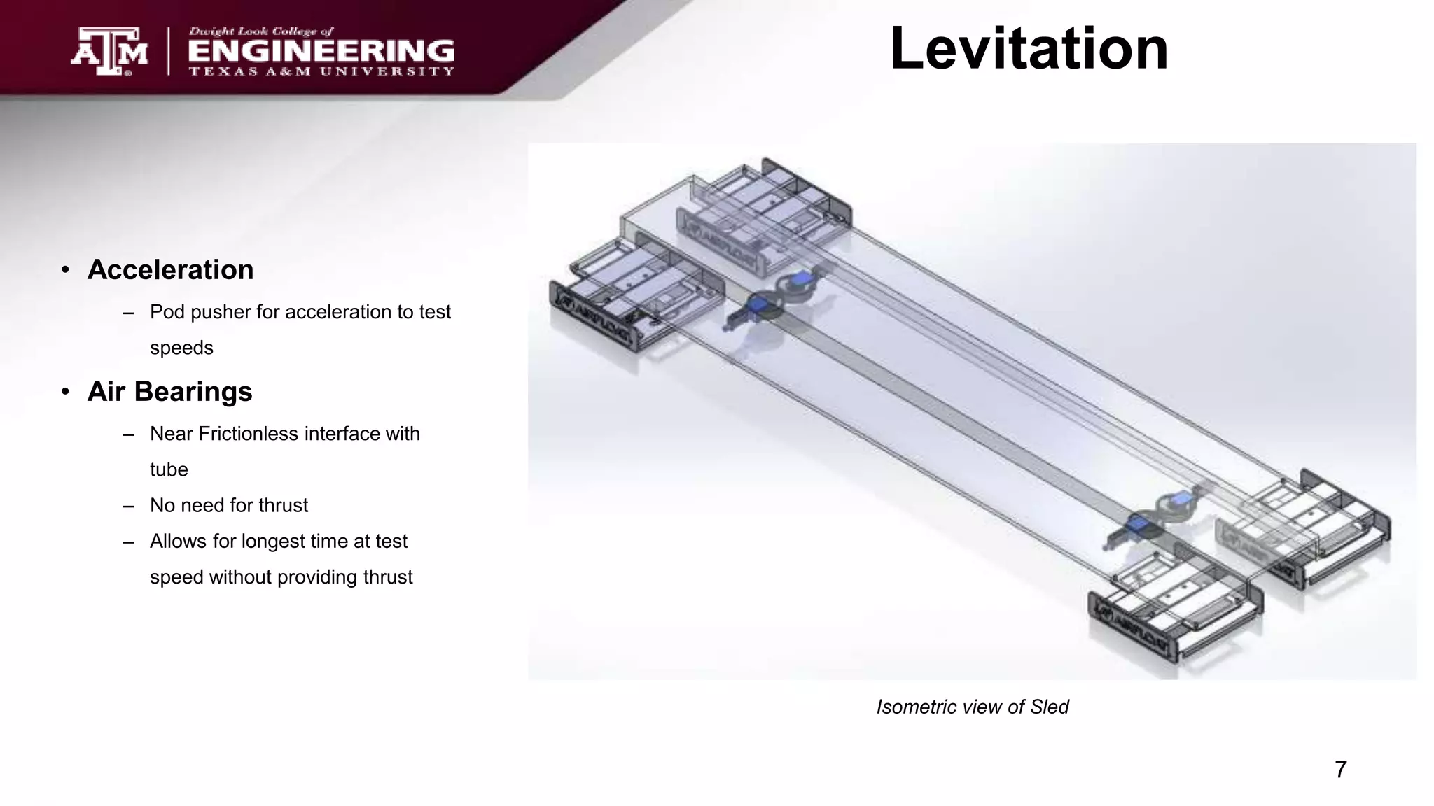 • Acceleration
– Pod pusher for acceleration to test
speeds
• Air Bearings
– Near Frictionless interface with
tube
– No need for thrust
– Allows for longest time at test
speed without providing thrust
Levitation
Isometric view of Sled
7
 