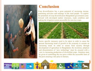 Conclusion
Crop diversification has a great potential of increasing income
generating activities and earnings of the rural people. To exploit
the potentials of crop diversification Bangladesh government come
forward with developed market structures, roads condition and
making the irrigation system accessible for non-rice crops.
Sector specific measures need to be taken in order to cause the
present decreasing trend of growth in the economy to assume an
increasing trend. In order to ensure food security through
development of agriculture in Bangladesh, the invention, adoption
and dissemination of ‘new technology’ must be ensured with a
view to increasing production of diversified crops. Attention must
be given at controlling the rice price within the accessible limit of
the poor ensuring a fair price to farmers.
 