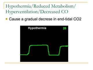 Hypothermia/Reduced Metabolism/ Hyperventilation/Decreased CO <ul><li>Cause a gradual decrese in end-tidal CO2 </li></ul>