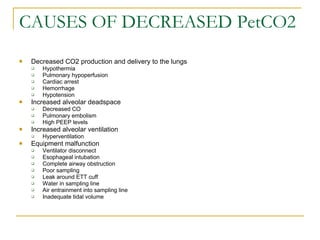 CAUSES OF DECREASED PetCO2 Decreased CO2 production and delivery to the lungs Hypothermia Pulmonary hypoperfusion Cardiac arrest Hemorrhage Hypotension Increased alveolar deadspace Decreased CO Pulmonary embolism High PEEP levels Increased alveolar ventilation Hyperventilation Equipment malfunction Ventilator disconnect Esophageal intubation Complete airway obstruction Poor sampling Leak around ETT cuff Water in sampling line Air entrainment into sampling line Inadequate tidal volume 
