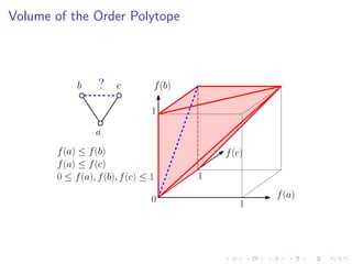 Volume of the Order Polytope



            b     ?c     c       f (b)

                                 1
                     a
                 a
       f (a) ≤ f (b)                         f (c)
       f (a) ≤ f (c)
       0 ≤ f (a), f (b), f (c) ≤ 1       1

                                 0                   f (a)
                                                 1
 