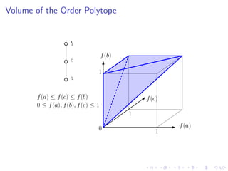 Volume of the Order Polytope


                     b
                                     f (b)
                     c
                                 1
                     a

       f (a) ≤ f (c) ≤ f (b)                     f (c)
       0 ≤ f (a), f (b), f (c) ≤ 1
                                             1

                                 0                       f (a)
                                                     1
 