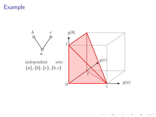 Example


             b          c              g(b)

                                   1

                  a
          independent      sets:                  g(c)
          {a}, {b}, {c}, {b, c}
                                              1

                                   0                     g(a)
                                                     1
 